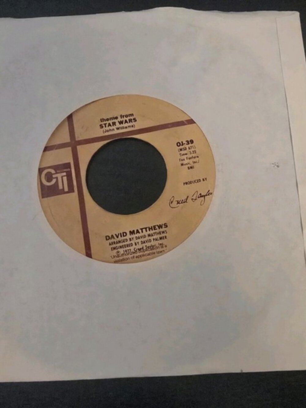 David Matthews Theme From Star Wars Vinyl Record 45 Single CTI 1977
